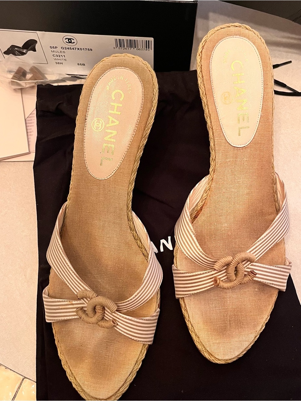 CHANEL Beige Striped Slide Wedges